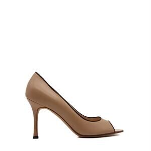 Manolo Blahnik Canazza Nude Leather Peep Toe Pump Size 37.5 EU